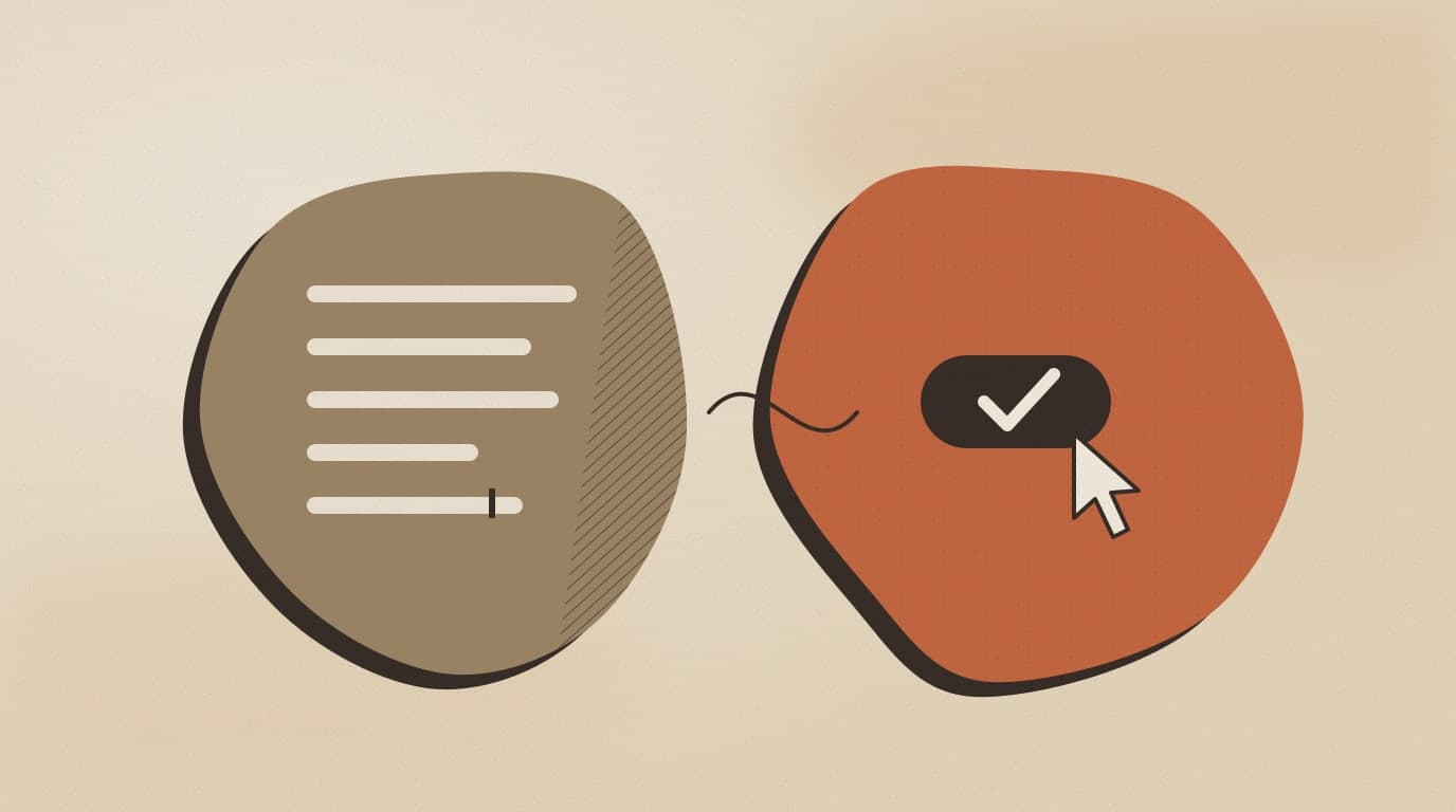Abstract illustration: lines of text on one side and a cursor clicking a confirm button on the other, contrasting AI that writes with AI that acts