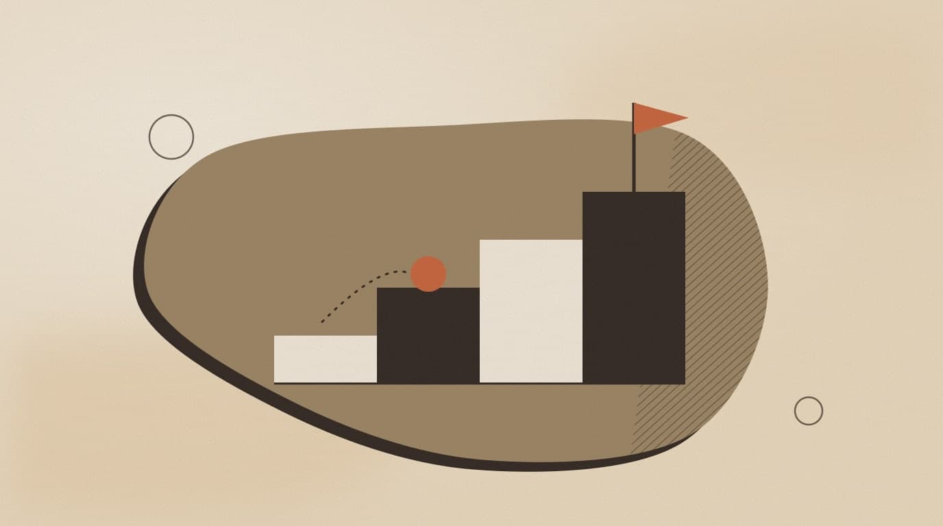 Abstract illustration: four steps rising to a flag, representing a step-by-step AI agent implementation path