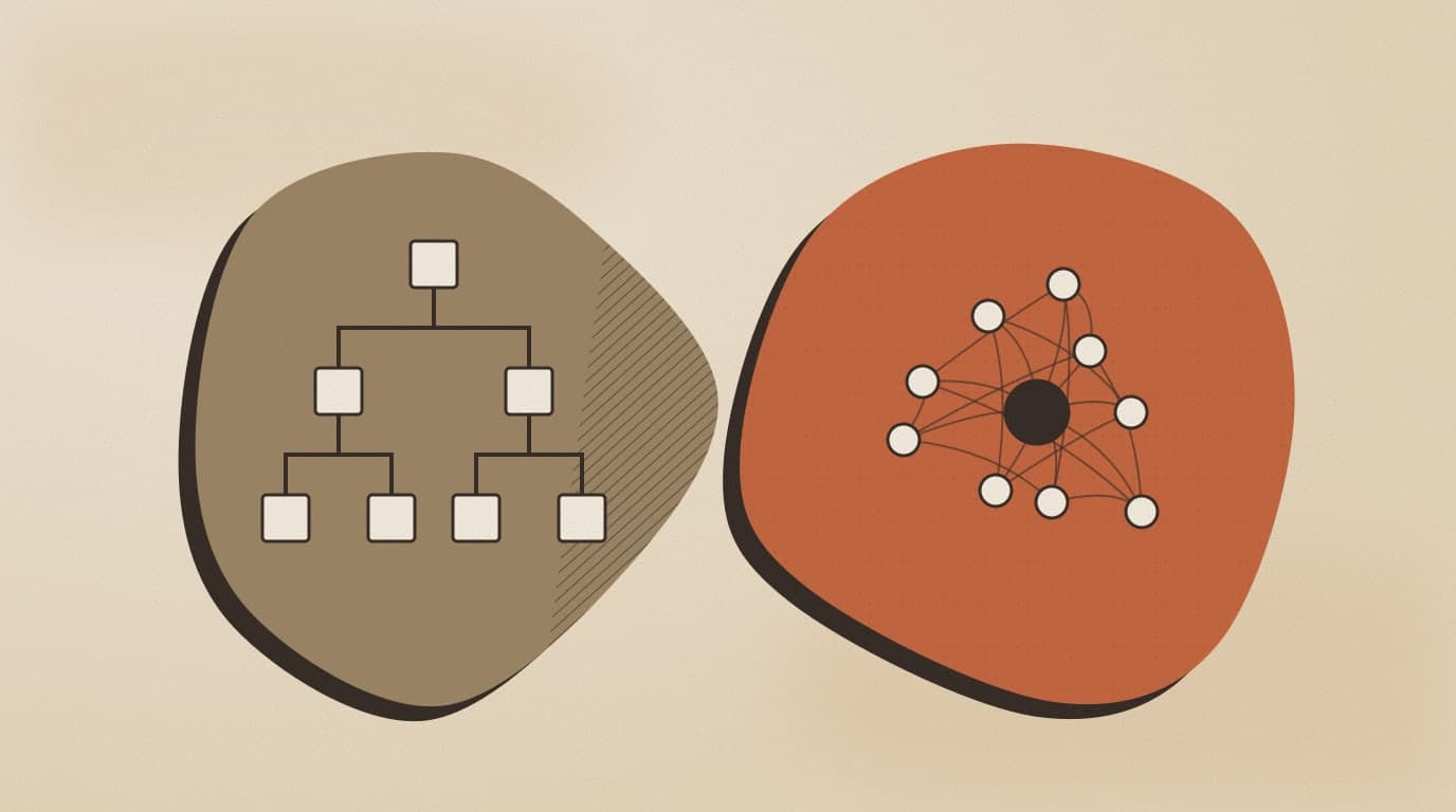 Abstract illustration: a rigid decision tree of boxes beside a flexible network of connected nodes