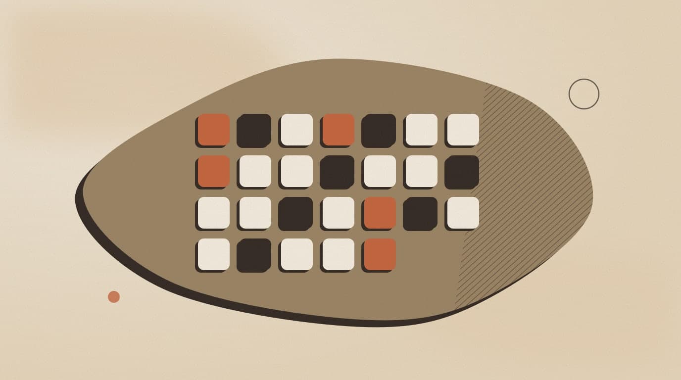 Abstract illustration: a grid of 26 small tiles, a few highlighted in orange, arranged like an alphabet chart