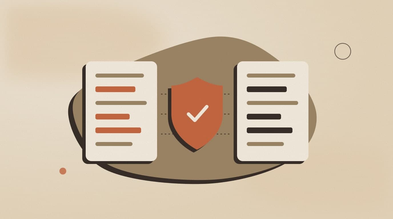 Abstract illustration: a document with highlighted lines passes through a dark shield and comes out with those lines replaced by hatched blocks, representing personal data being masked before it reaches the AI