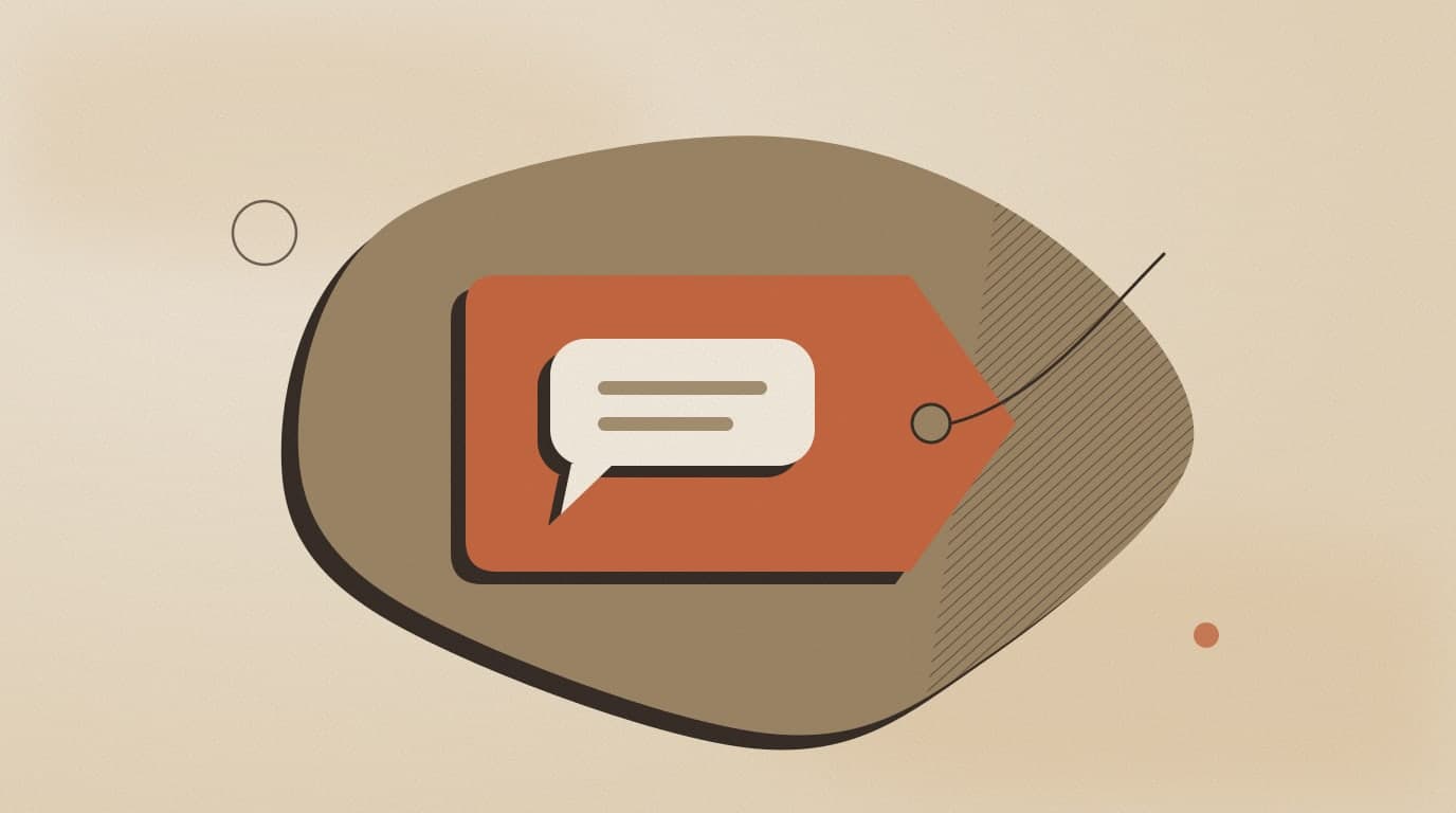 Abstract illustration: an orange price tag with a chat bubble on it