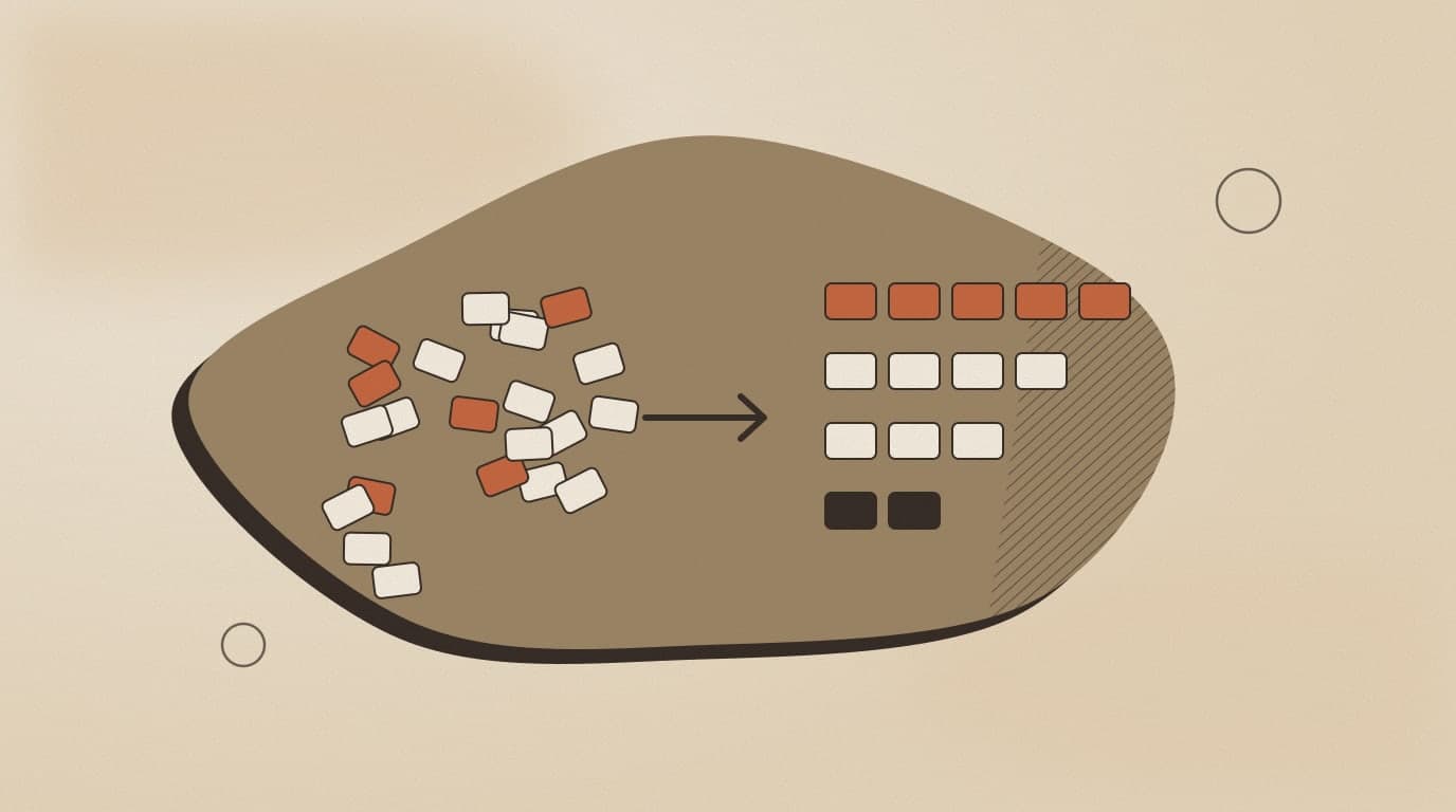 Abstract illustration: a messy pile of support tickets turning into neat, sorted rows