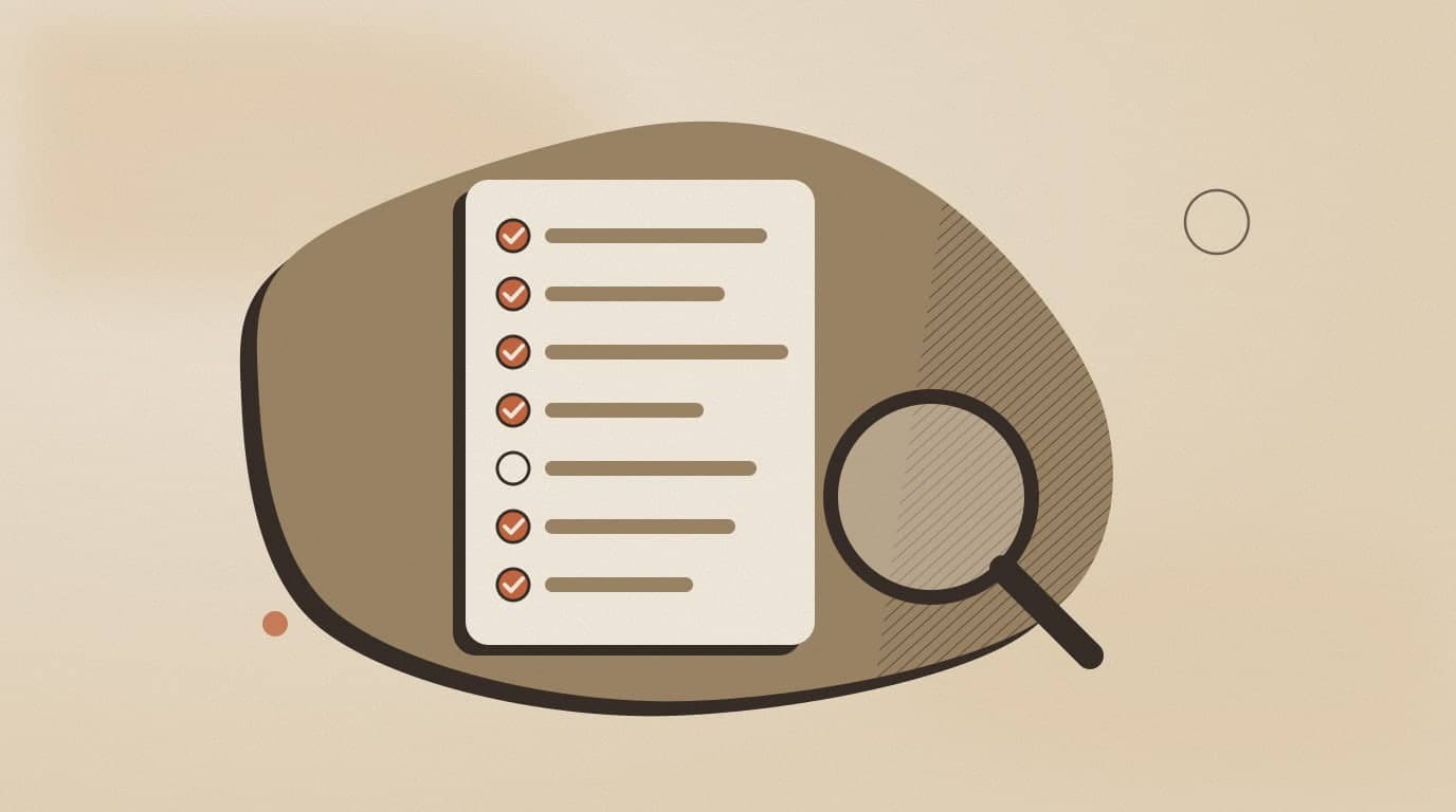 Abstract illustration: a seven-point checklist under a magnifying glass