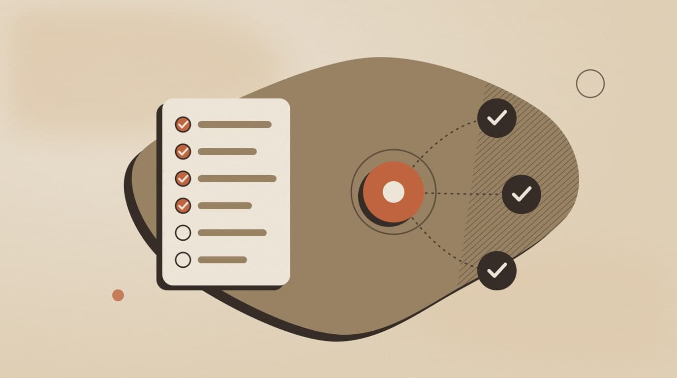 Abstract illustration: a checklist card with ticked items beside a central orange node that fans out to three smaller circles, each with a check mark