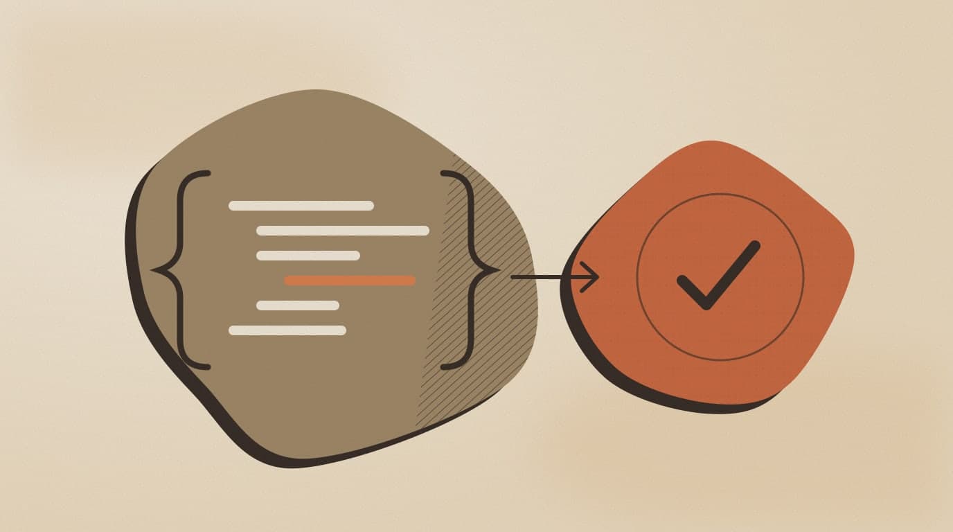 Abstract illustration: code between curly braces with an arrow to a tick, representing a Jev API request and its typed answer