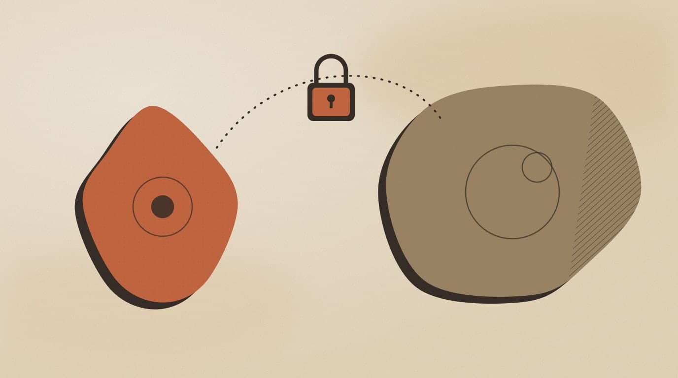 Abstract illustration: a small UK shape linked to a larger US shape by a dotted arc with a padlock, representing data transfers to Jev's US hosting