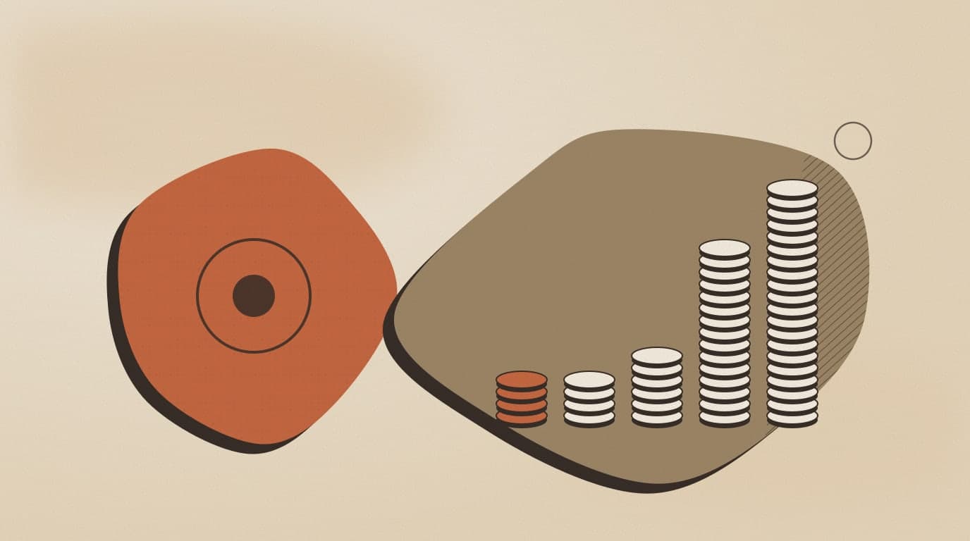 Abstract illustration: coin stacks growing from a small orange stack for Jev to tall stacks for larger language models, showing cost per million decisions
