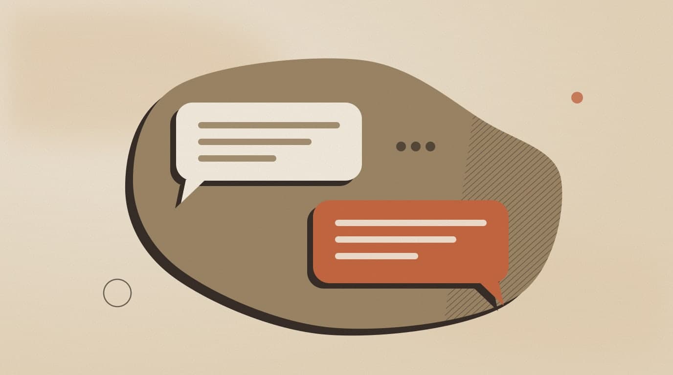 Abstract illustration: two chat bubbles in conversation, one light and one orange