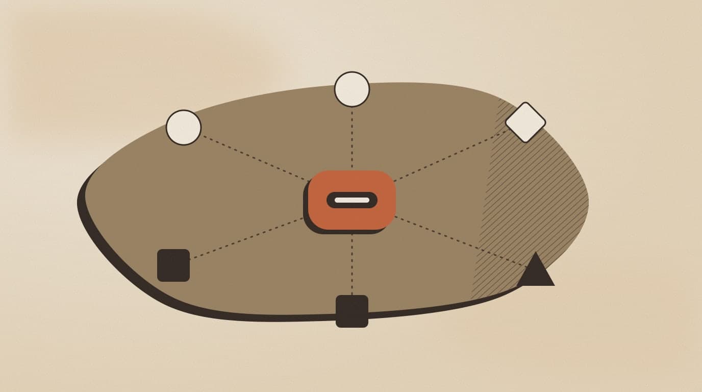Abstract illustration: one central connector with dotted lines to six different tools, like a universal port for AI