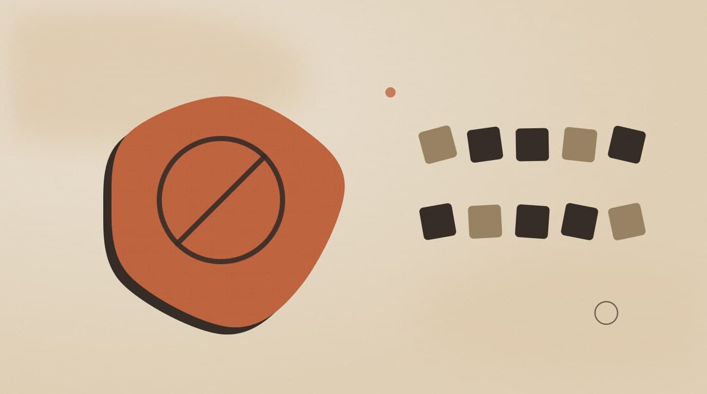 Abstract illustration: a 'no' symbol beside ten tiles, representing ten jobs Jev is not suited for